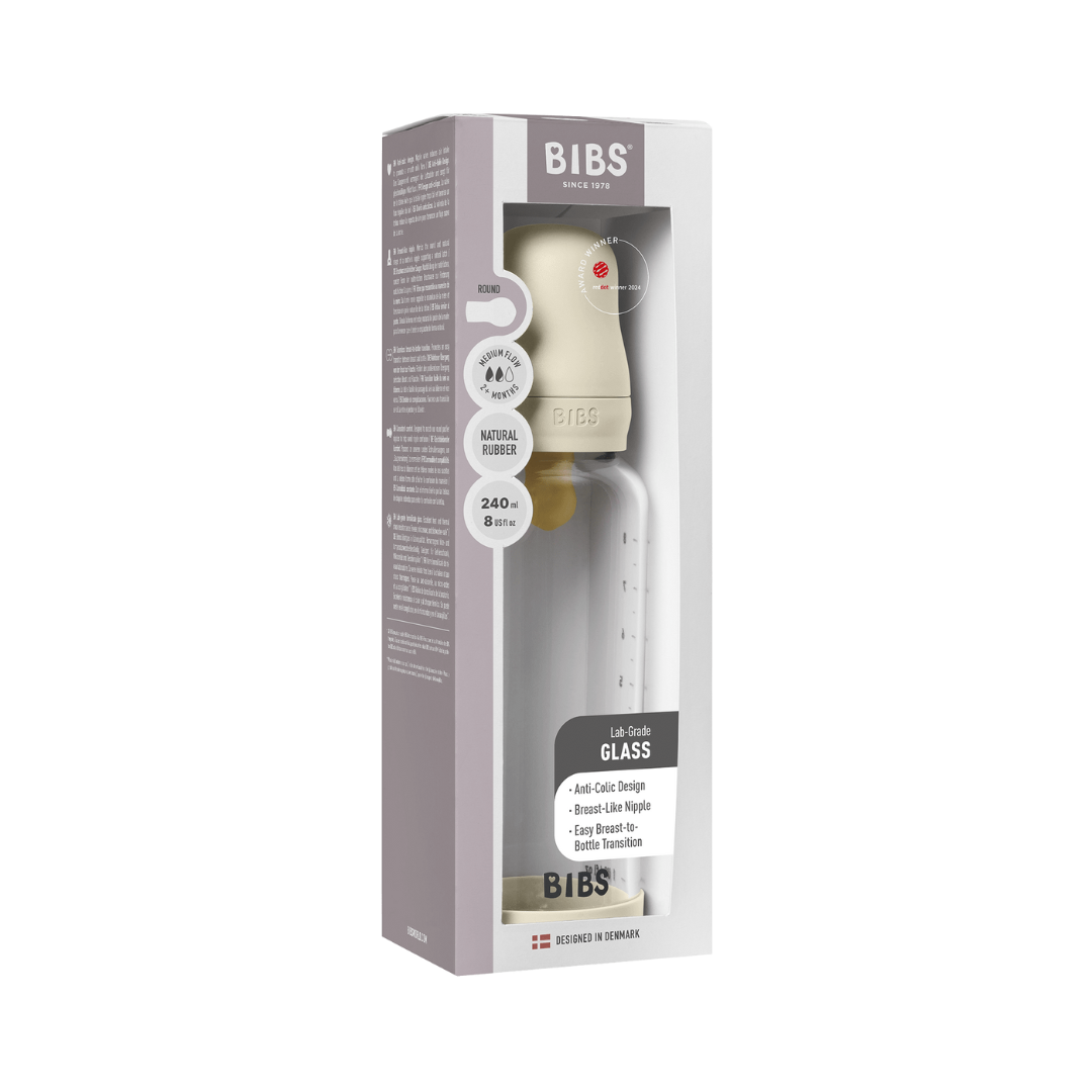 BIBS - Set complet biberon din sticla anticolici cu tetina din latex, flux mediu, 240 ml, Ivory - gogobaby.ro