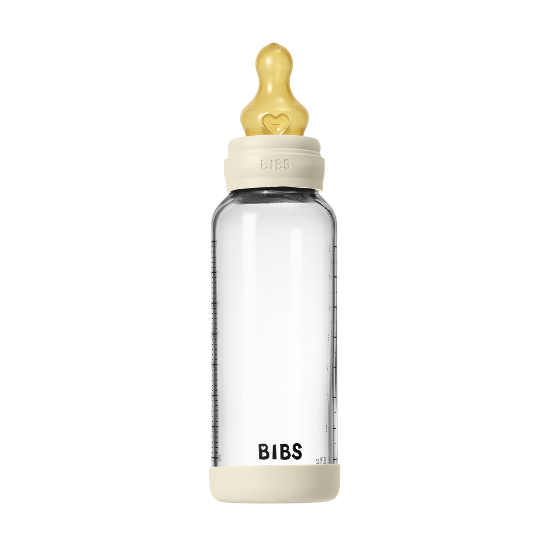 BIBS - Set complet biberon din sticla anticolici cu tetina din latex, flux mediu, 240 ml, Ivory - gogobaby.ro