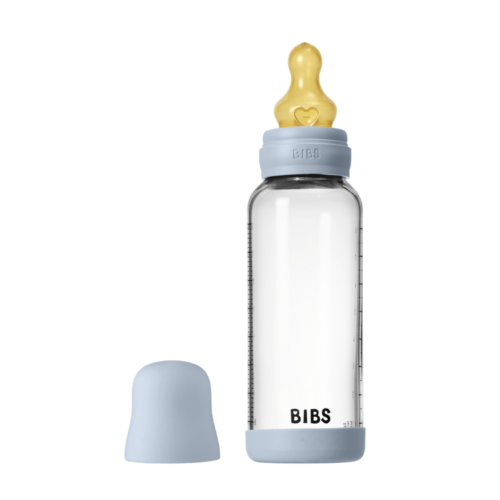 BIBS - Set complet biberon din sticla anticolici cu tetina din latex, flux mediu, 240 ml, Baby Blue