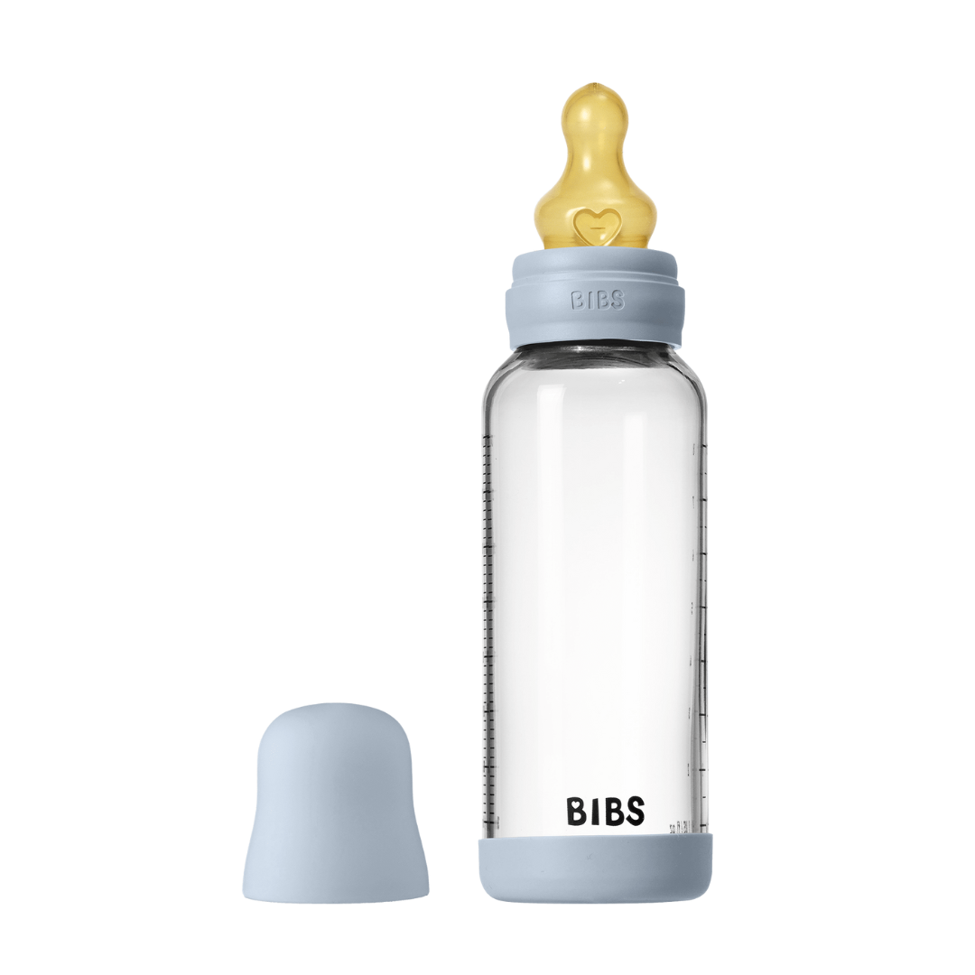 BIBS - Set complet biberon din sticla anticolici cu tetina din latex, flux mediu, 240 ml, Baby Blue - gogobaby.ro