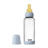 BIBS - Set complet biberon din sticla anticolici cu tetina din latex, flux mediu, 240 ml, Baby Blue