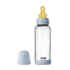 BIBS - Set complet biberon din sticla anticolici cu tetina din latex, flux mediu, 240 ml, Baby Blue