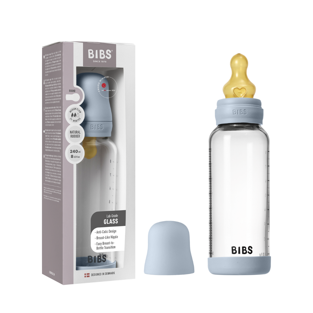 BIBS - Set complet biberon din sticla anticolici cu tetina din latex, flux mediu, 240 ml, Baby Blue - gogobaby.ro