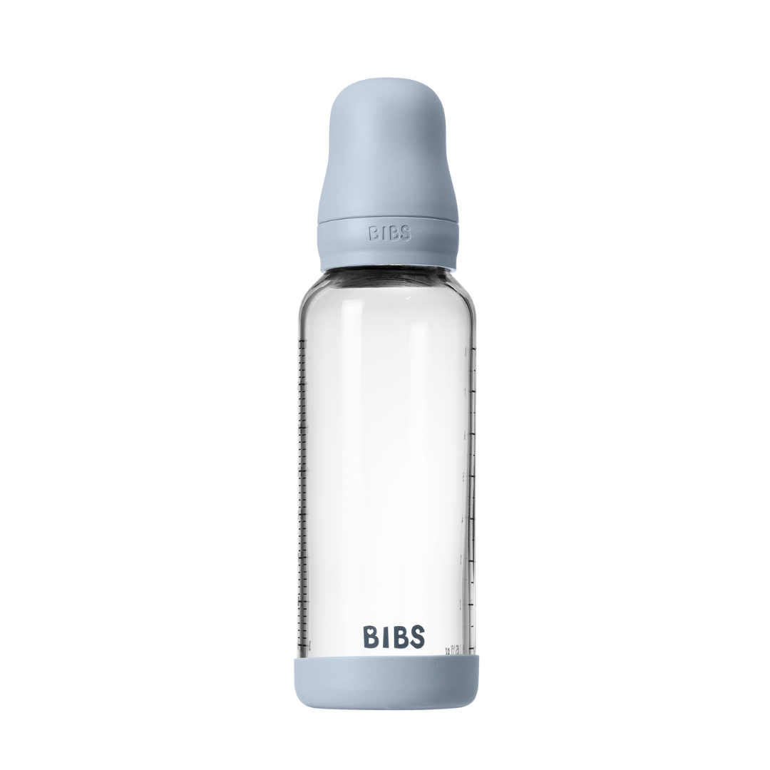 BIBS - Set complet biberon din sticla anticolici cu tetina din latex, flux mediu, 240 ml, Baby Blue - gogobaby.ro