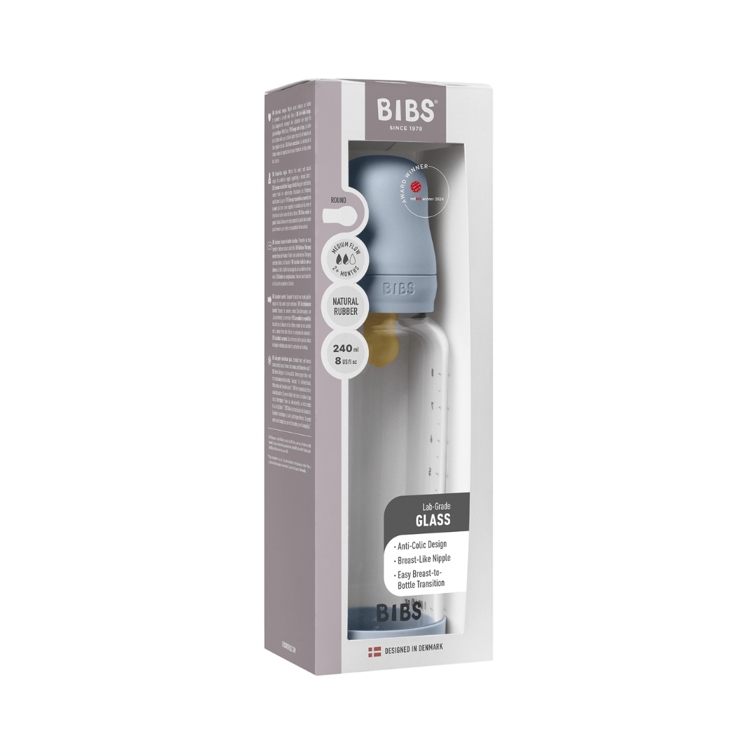BIBS - Set complet biberon din sticla anticolici cu tetina din latex, flux mediu, 240 ml, Baby Blue - gogobaby.ro