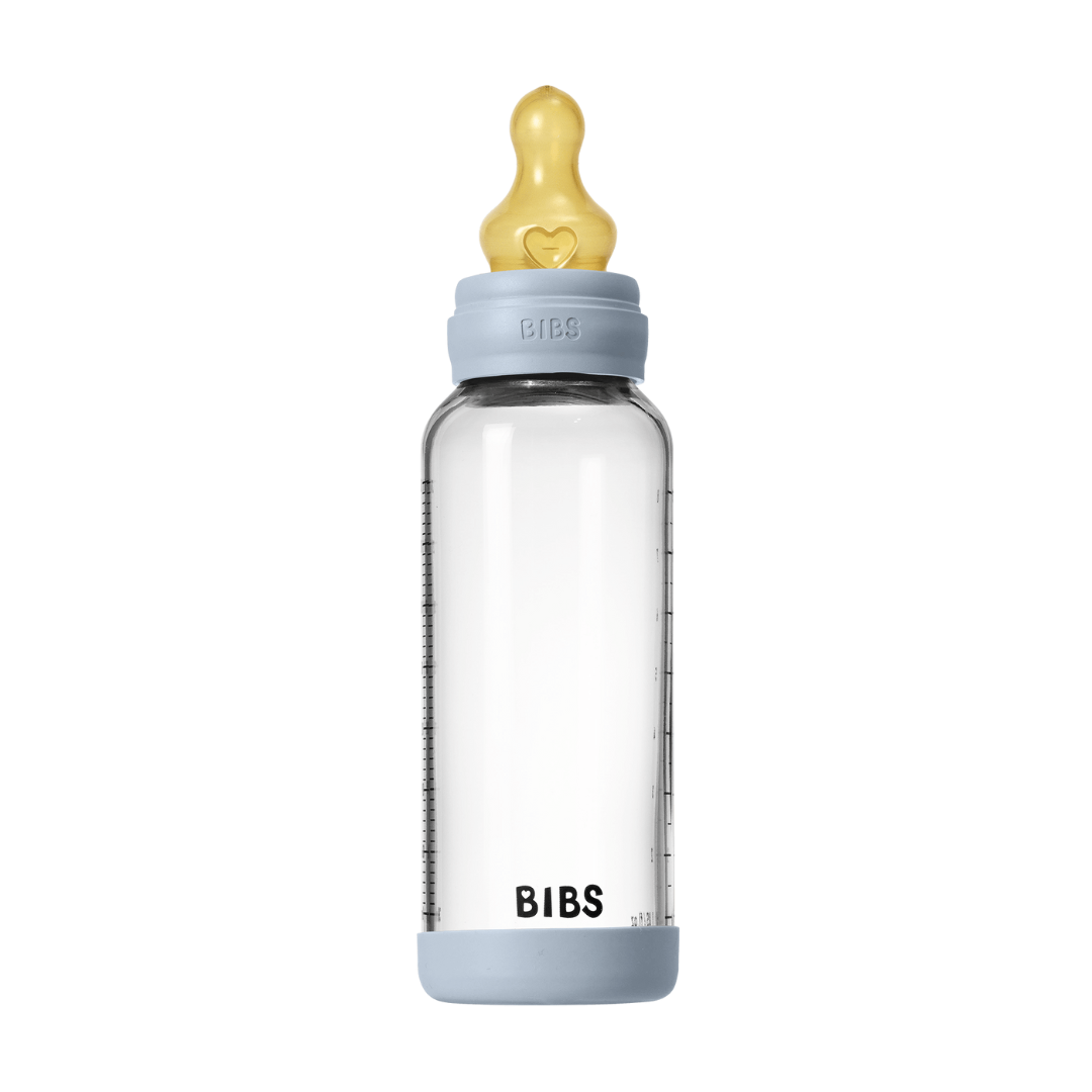 BIBS - Set complet biberon din sticla anticolici cu tetina din latex, flux mediu, 240 ml, Baby Blue - gogobaby.ro