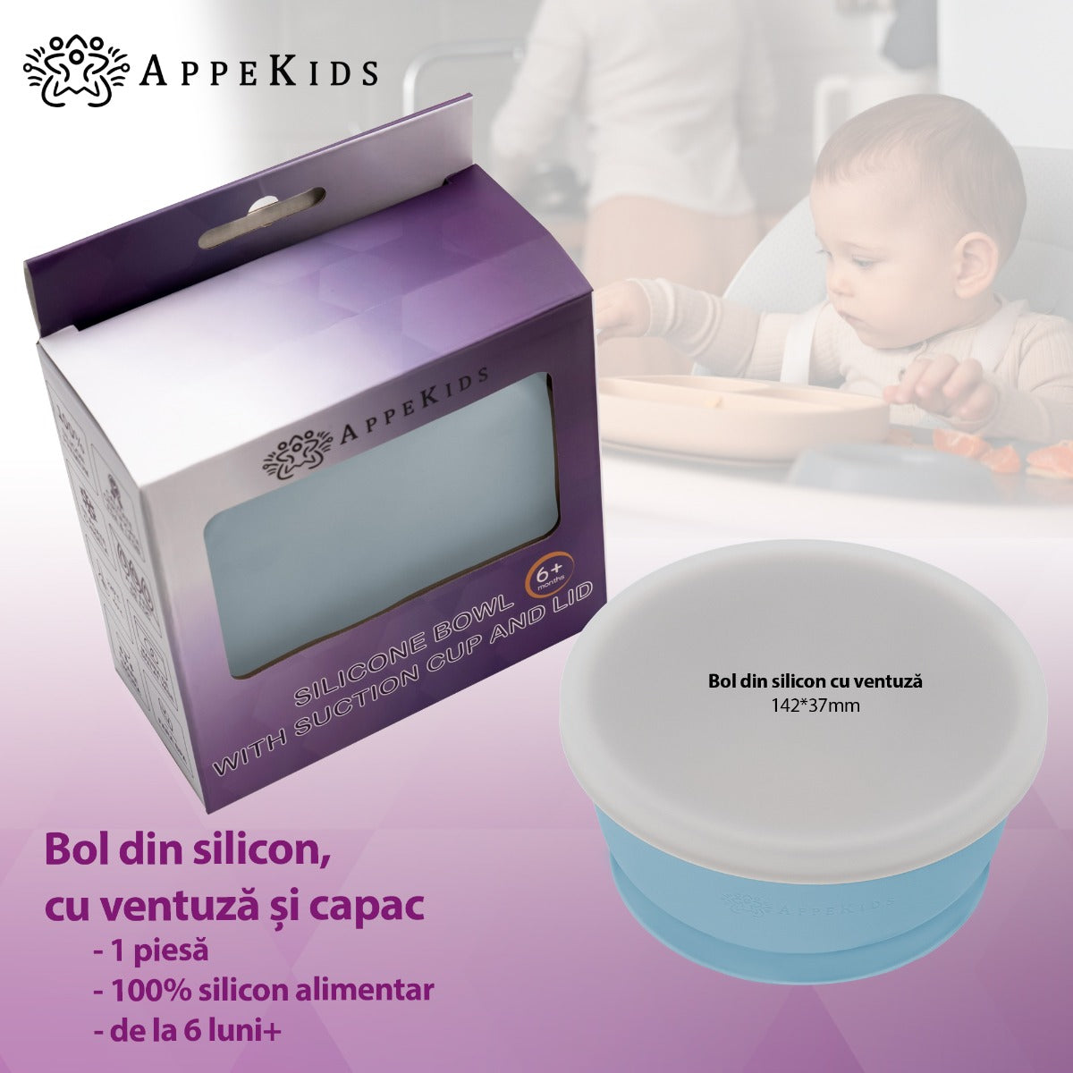 Bol din silicon cu ventuza si capac, AppeKids - Aqua Blue - gogobaby.ro