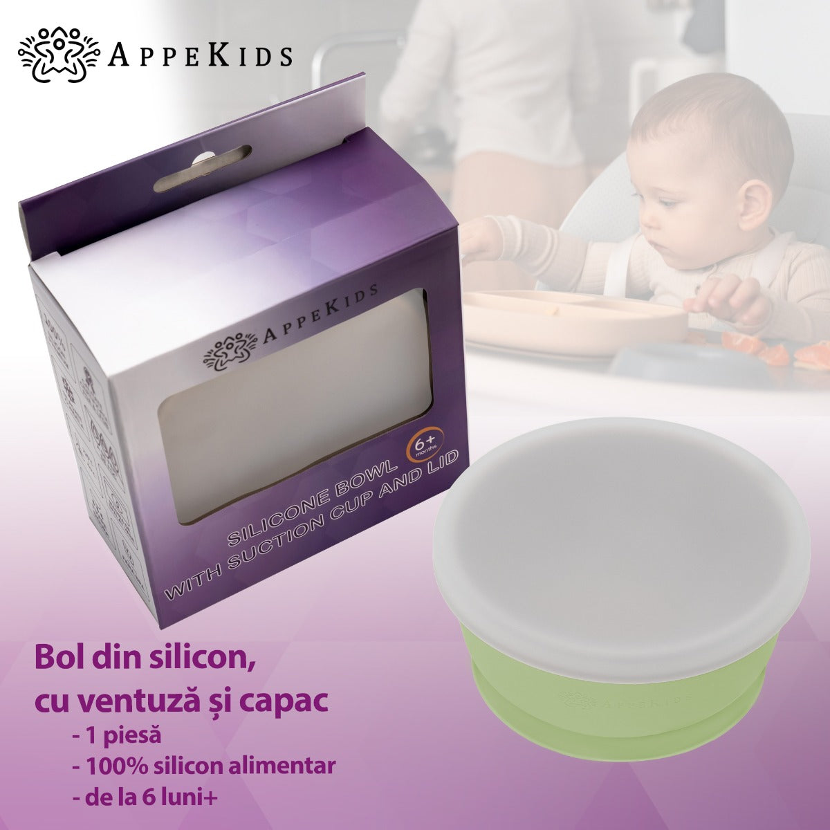 Bol din silicon cu ventuza si capac, AppeKids - Raw Green - gogobaby.ro