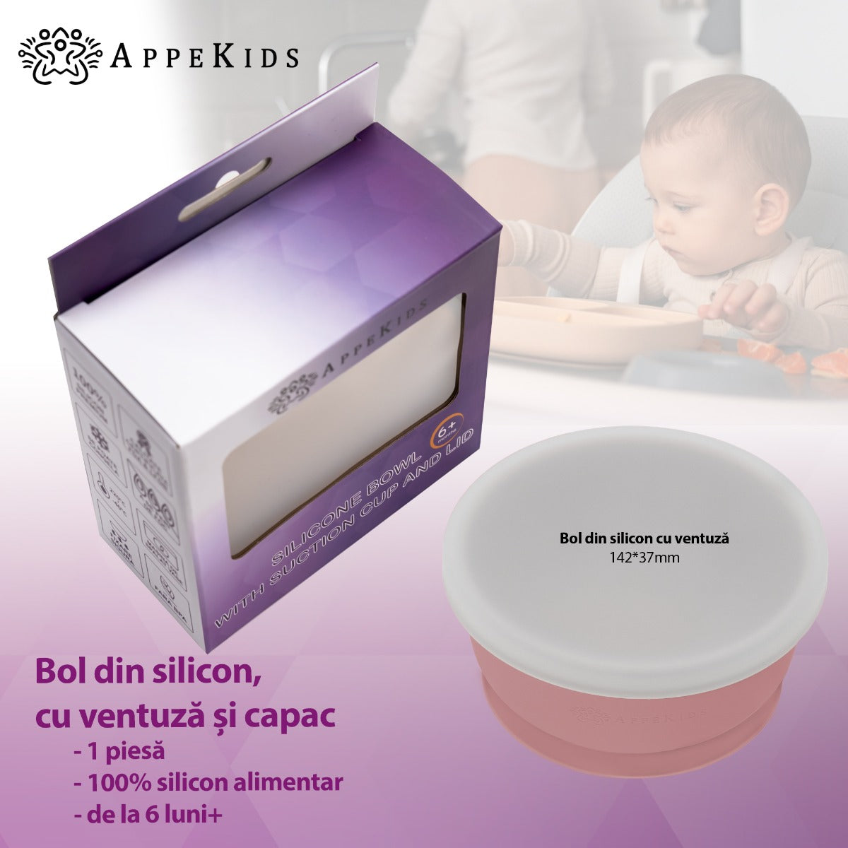 Bol din silicon cu ventuza si capac, AppeKids - Old Rose - gogobaby.ro