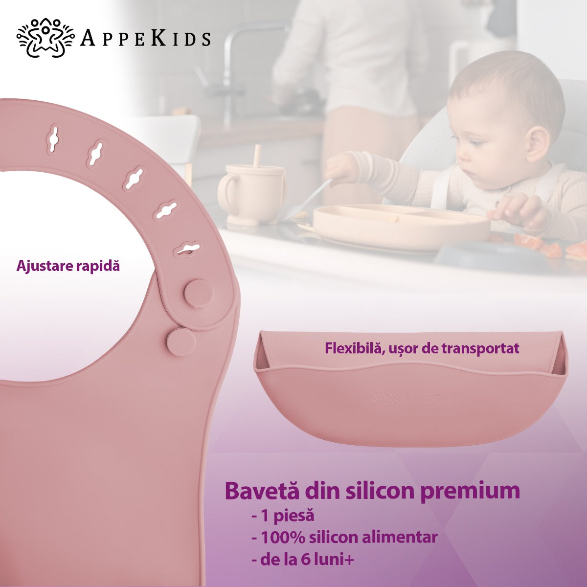 Baveta din silicon, AppeKids - Old Rose - gogobaby.ro