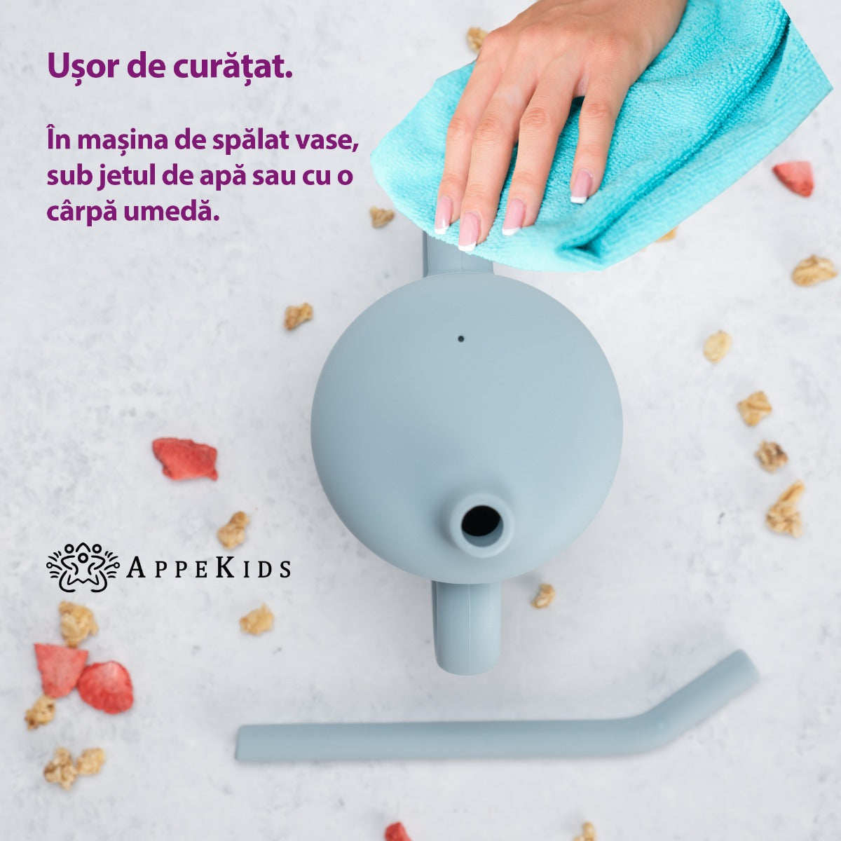 Cana din silicon cu pai, AppeKids - Aqua Blue - gogobaby.ro