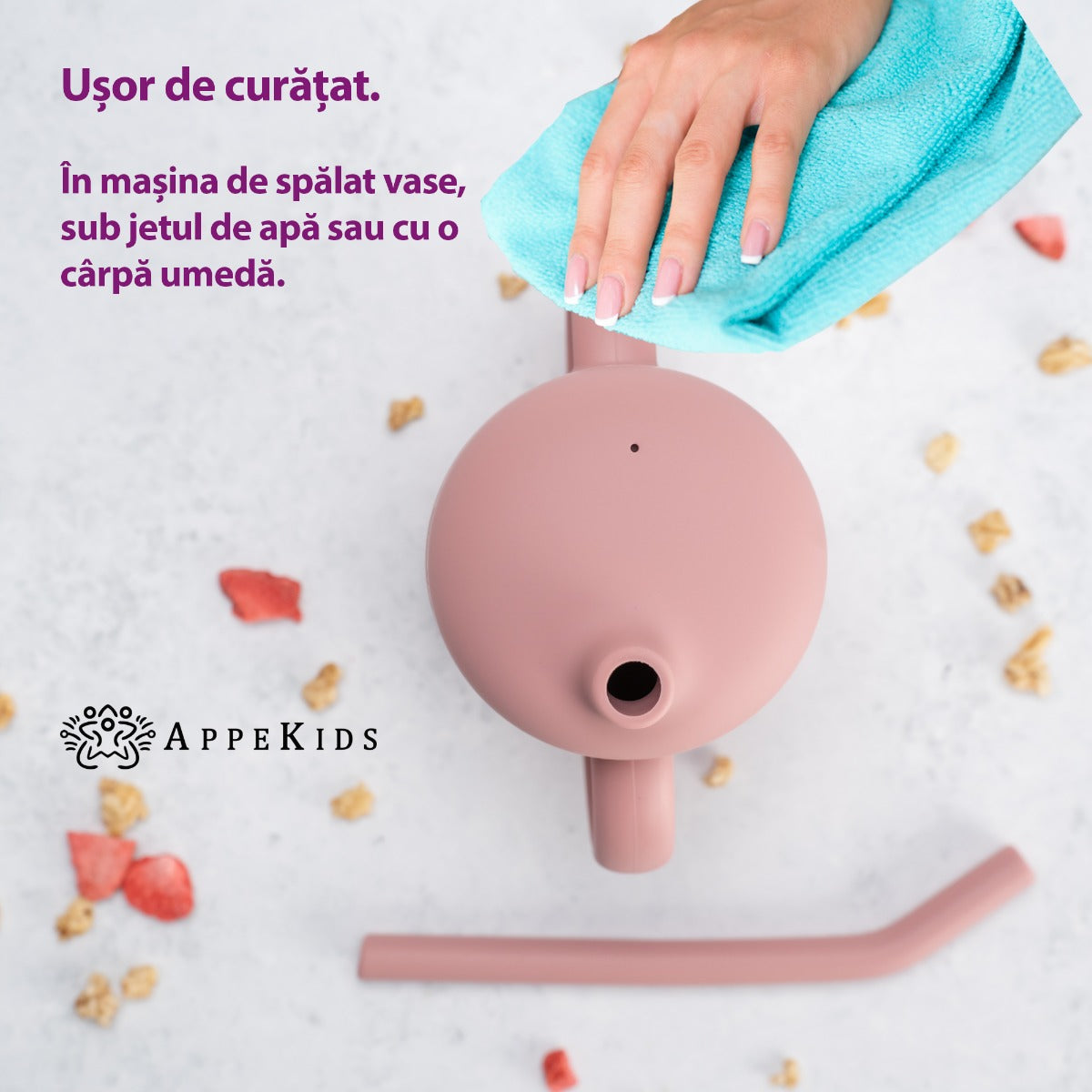 Cana din silicon cu pai, AppeKids - Old Rose - gogobaby.ro