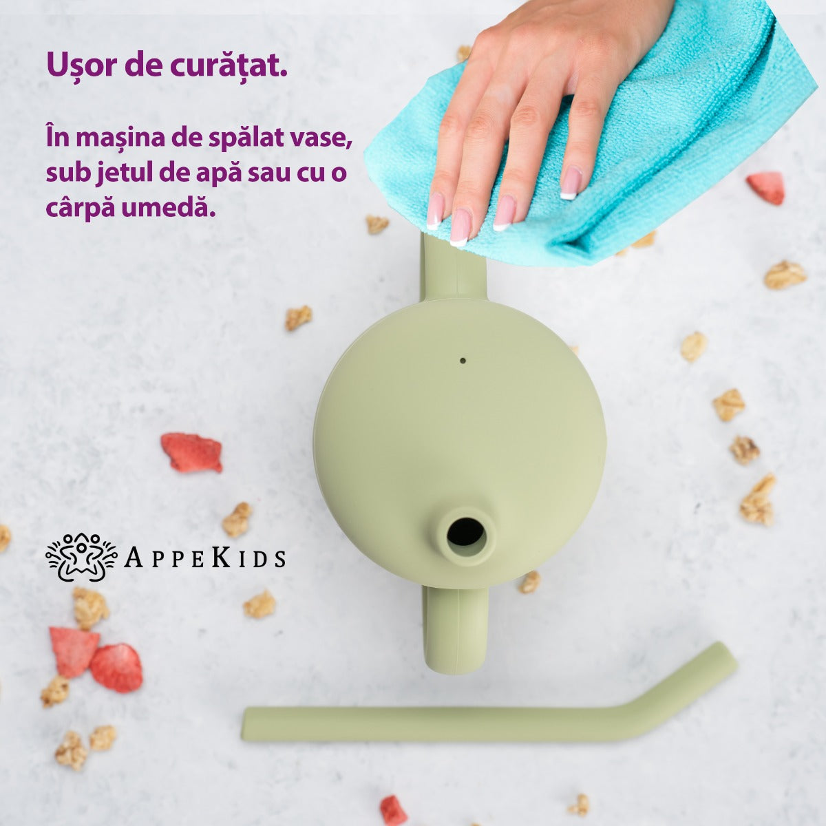 Cana din silicon cu pai, AppeKids - Raw Green - gogobaby.ro
