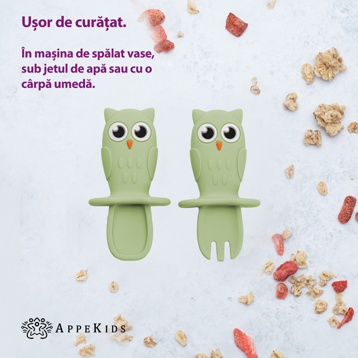 Set Tacamuri din silicon, AppeKids, OWL - Raw Green