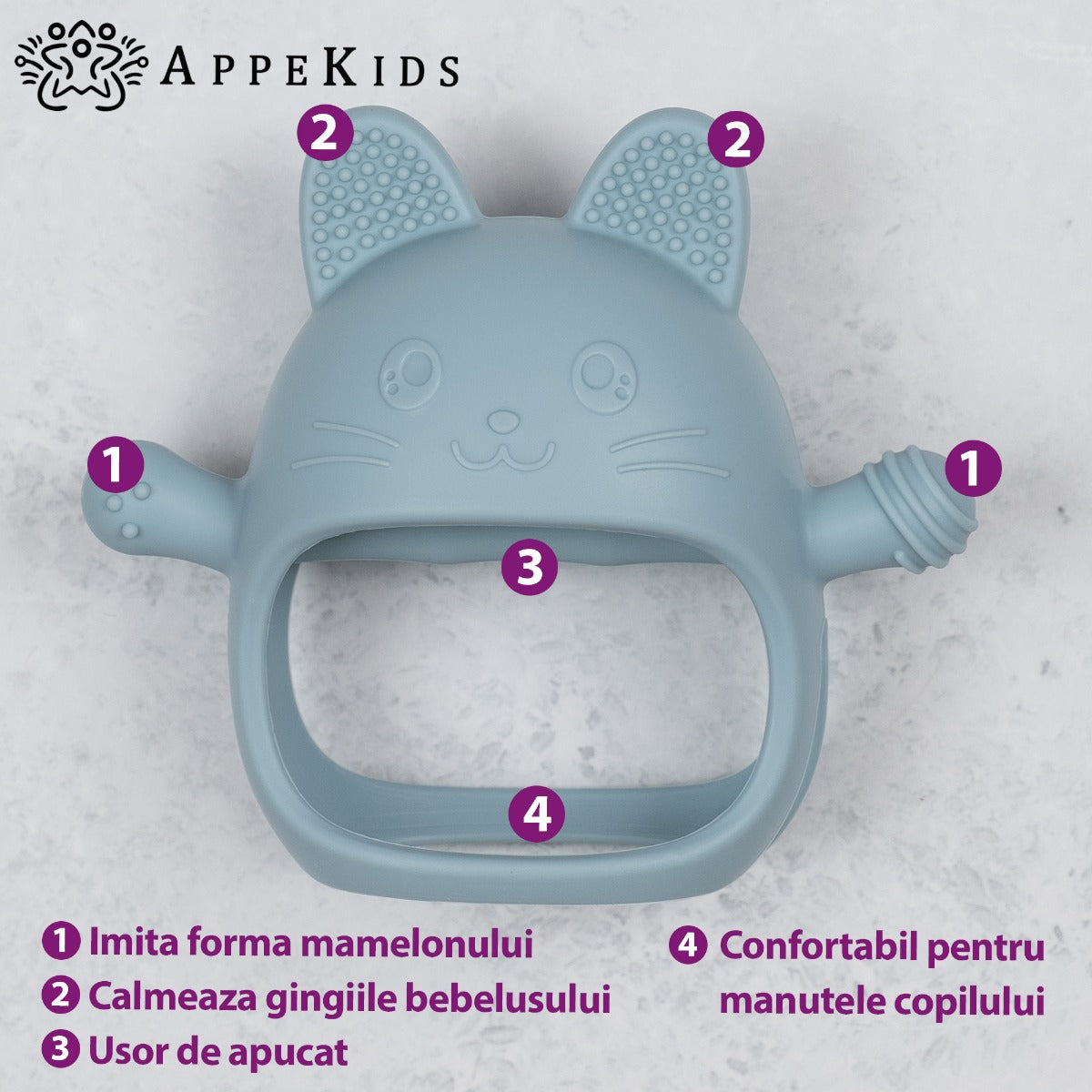 Jucarie pentru dentitie din silicon, Appekids, Manusa Kitty - Aqua Blue