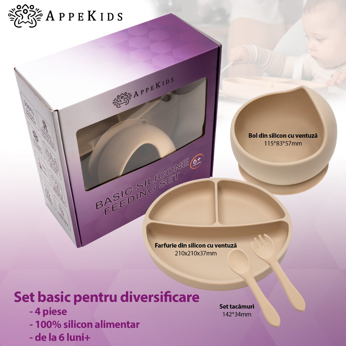 Set Diversificare, AppeKids, 100% Silicon, Basic - Bubble Beige - gogobaby.ro