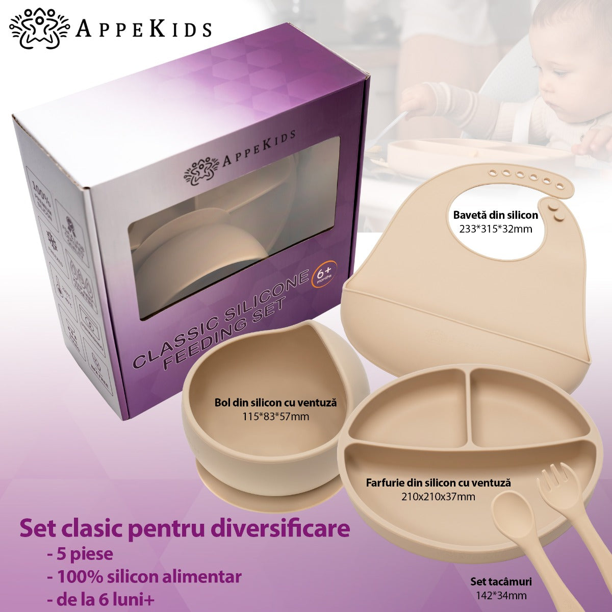 Set Diversificare, AppeKids, 100% Silicon, Classic - Bubble Beige - gogobaby.ro