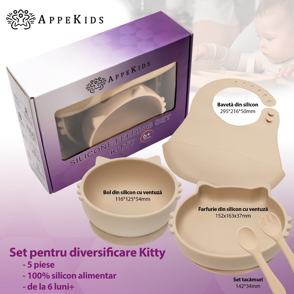 Set Diversificare, AppeKids, 100% Silicon, Kitty - Bubble Beige - gogobaby.ro