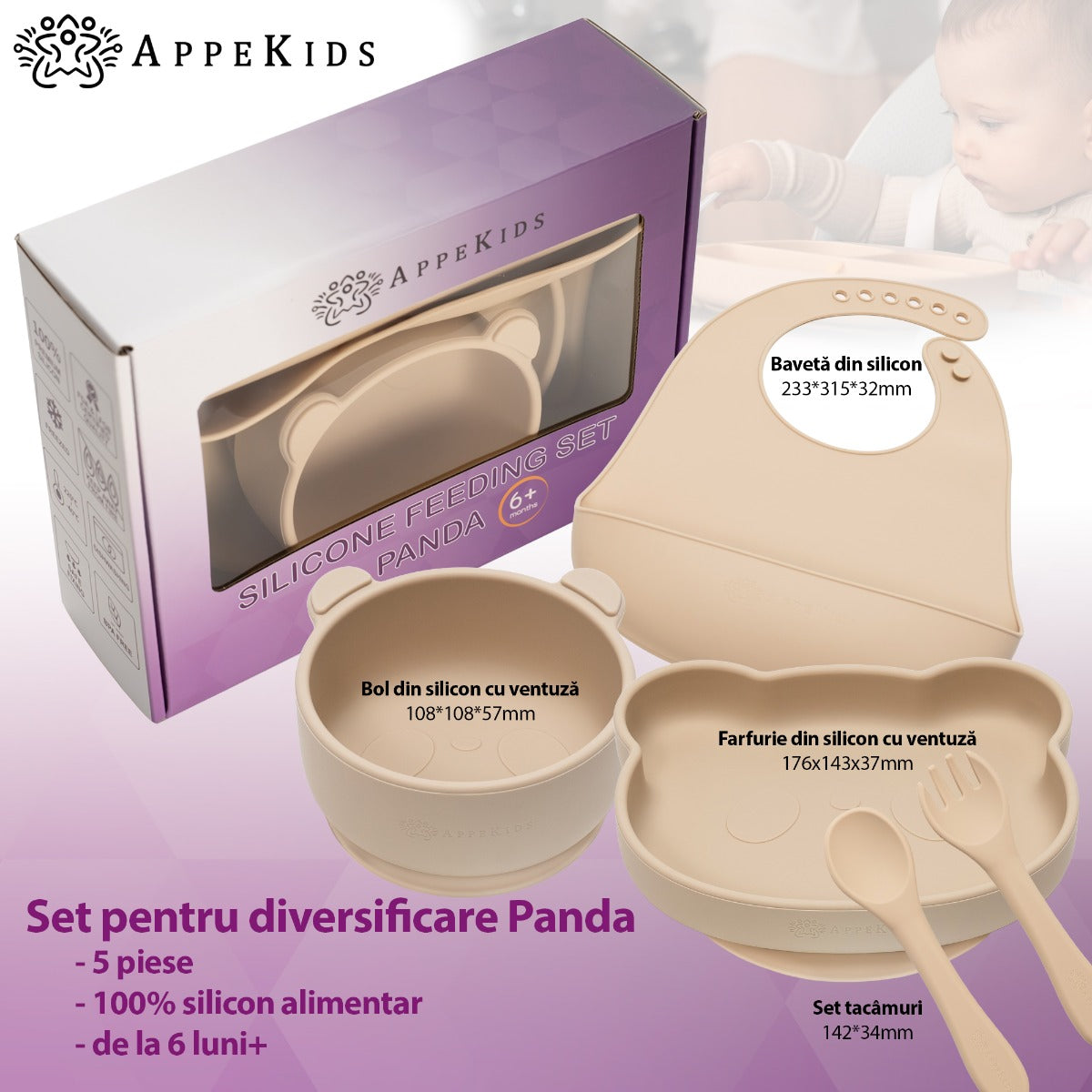 Set Diversificare, AppeKids, 100% Silicon, Panda - Bubble Beige - gogobaby.ro