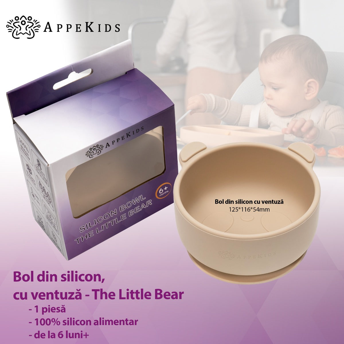 Bol din silicon cu ventuza, AppeKids, The Little Bear - Bubble Beige - gogobaby.ro