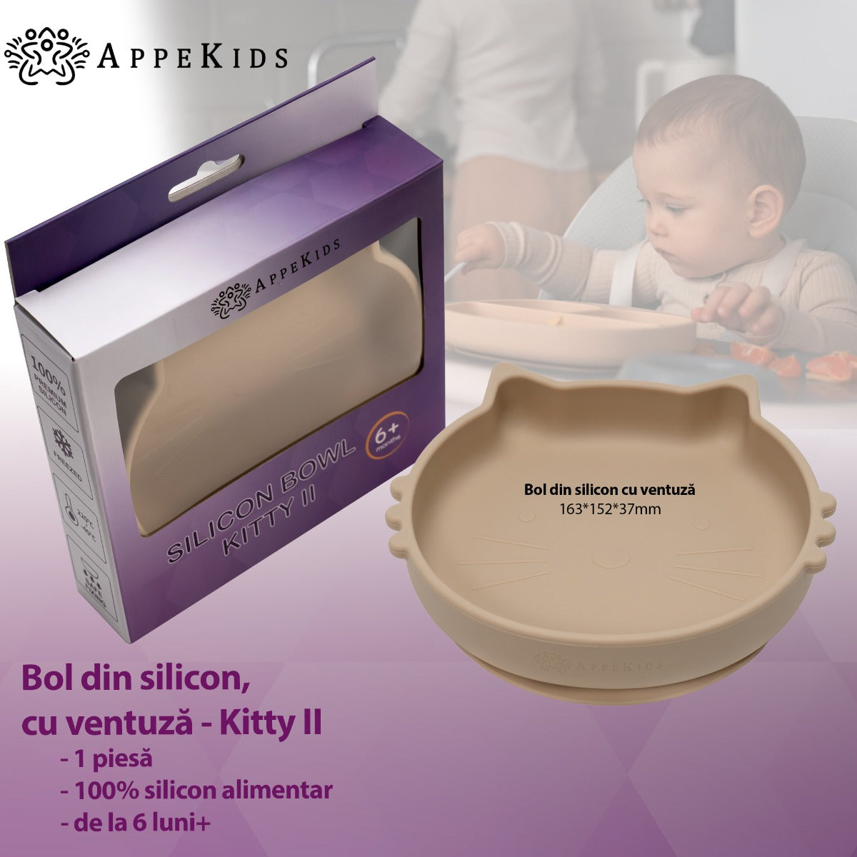 Bol din silicon, AppeKids, Kitty II - Bubble Beige - gogobaby.ro