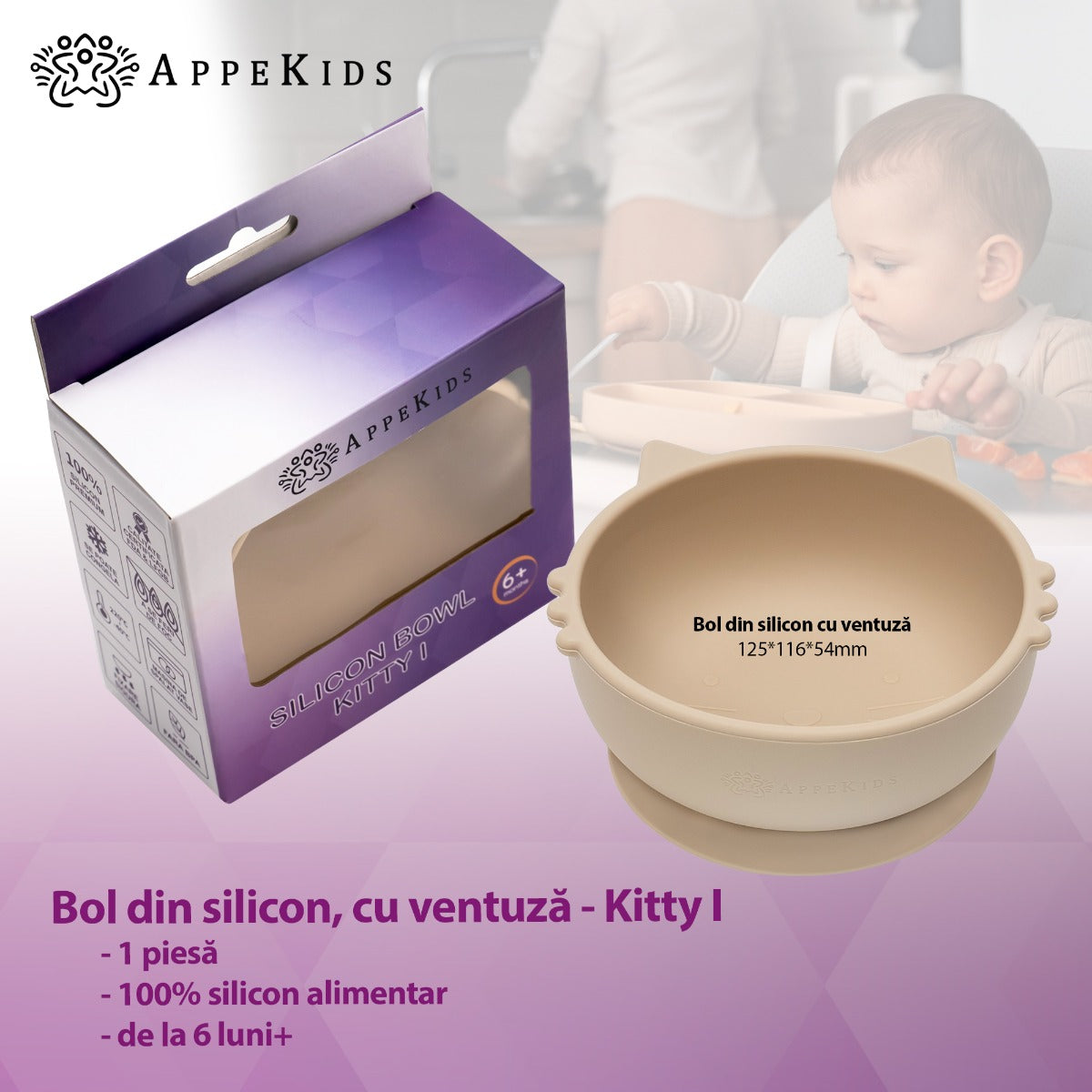 Bol din silicon, AppeKids, Kitty I - Bubble Beige - gogobaby.ro