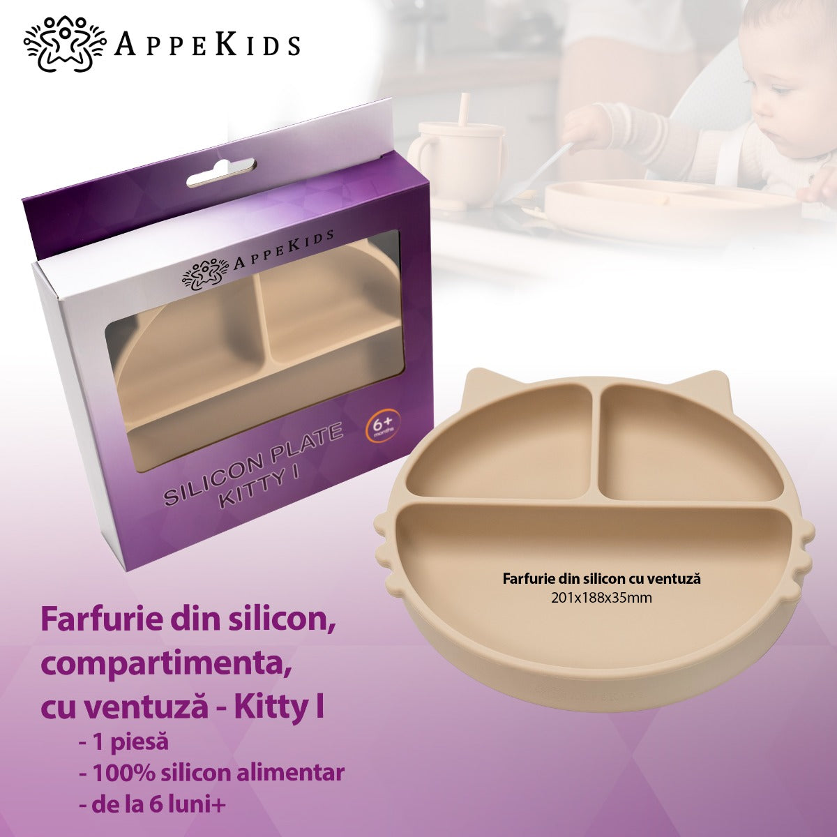 Farfurie compartimentata din silicon cu ventuza, AppeKids - Kitty - Bubble Beige - gogobaby.ro