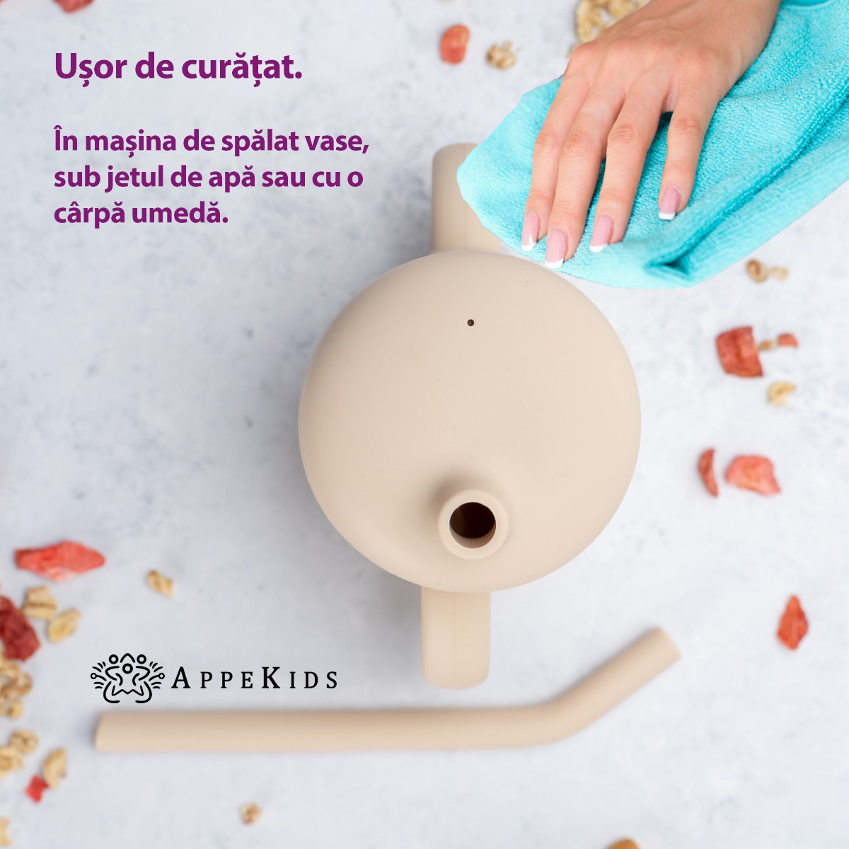 Cana din silicon cu pai, AppeKids - Bubble Beige - gogobaby.ro