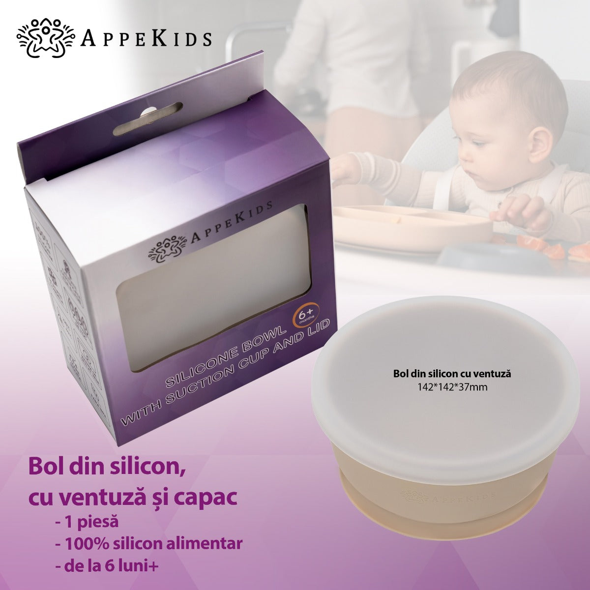 Bol din silicon cu ventuza si capac, AppeKids - Bubble Beige - gogobaby.ro