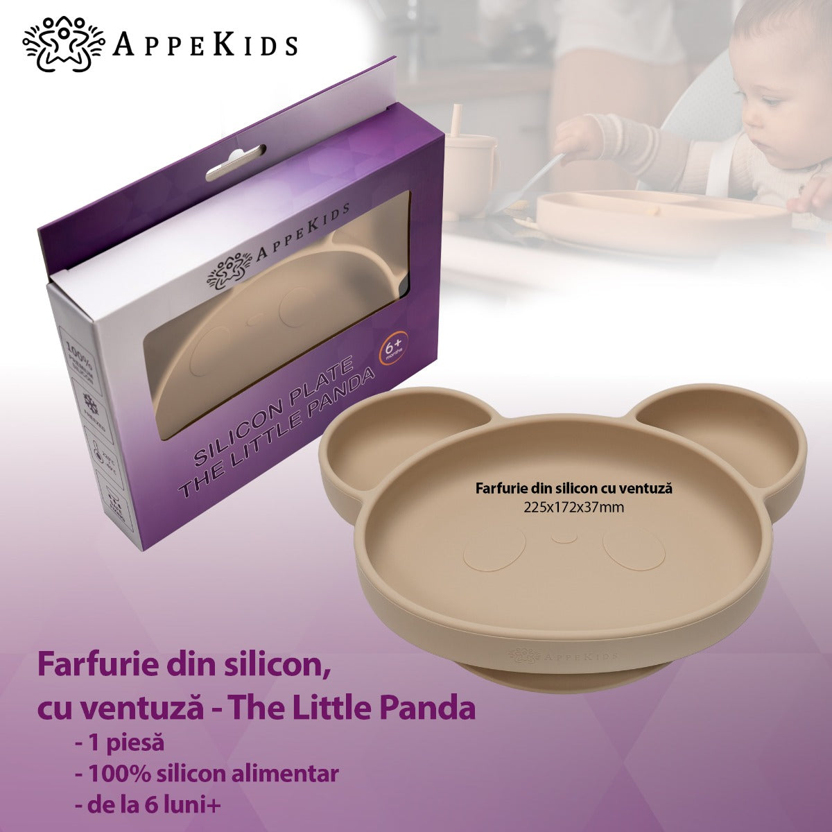 Farfurie din silicon cu ventuza, AppeKids, Panda - Bubble Beige - gogobaby.ro