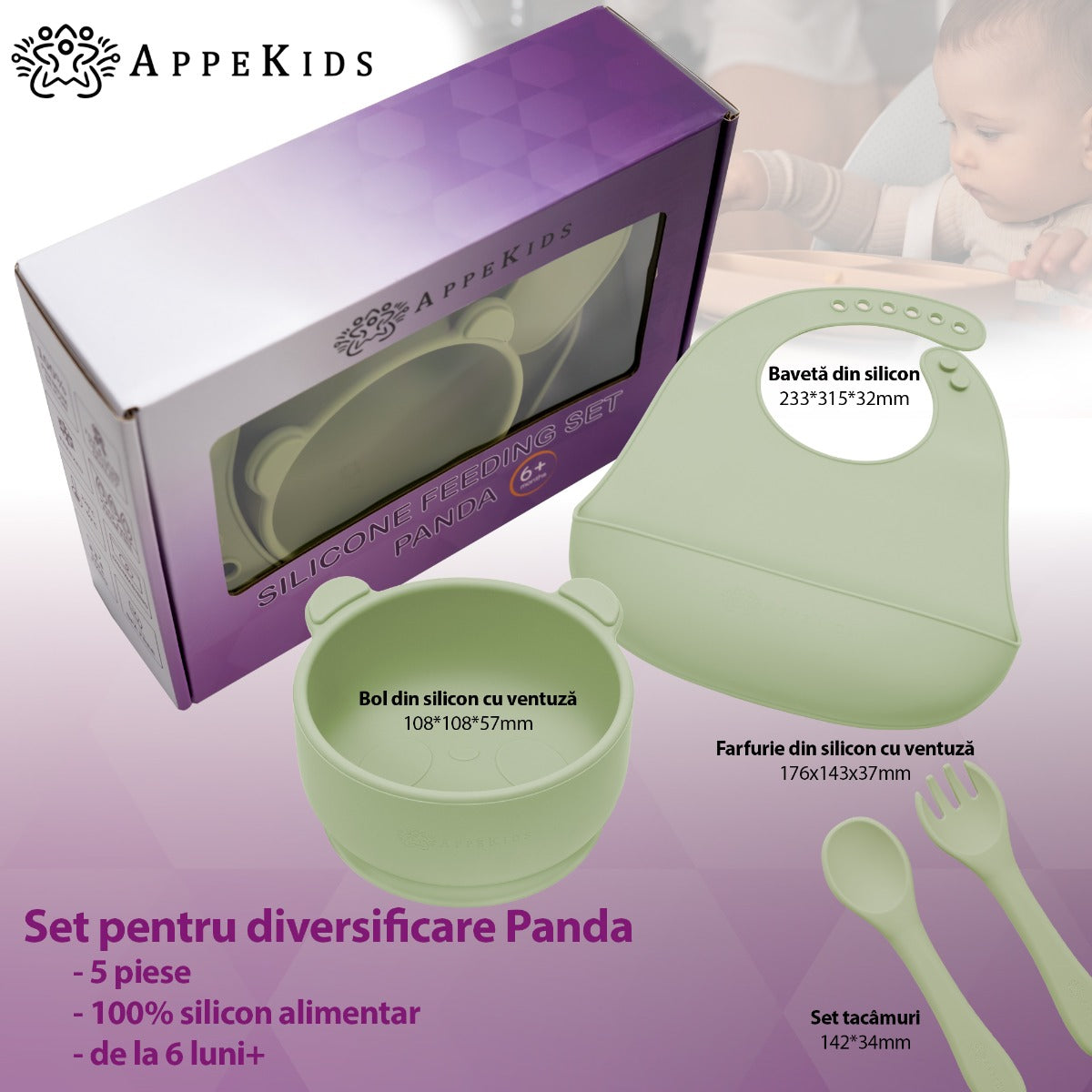 Set Diversificare, AppeKids, 100% Silicon, Panda - Raw Green - gogobaby.ro