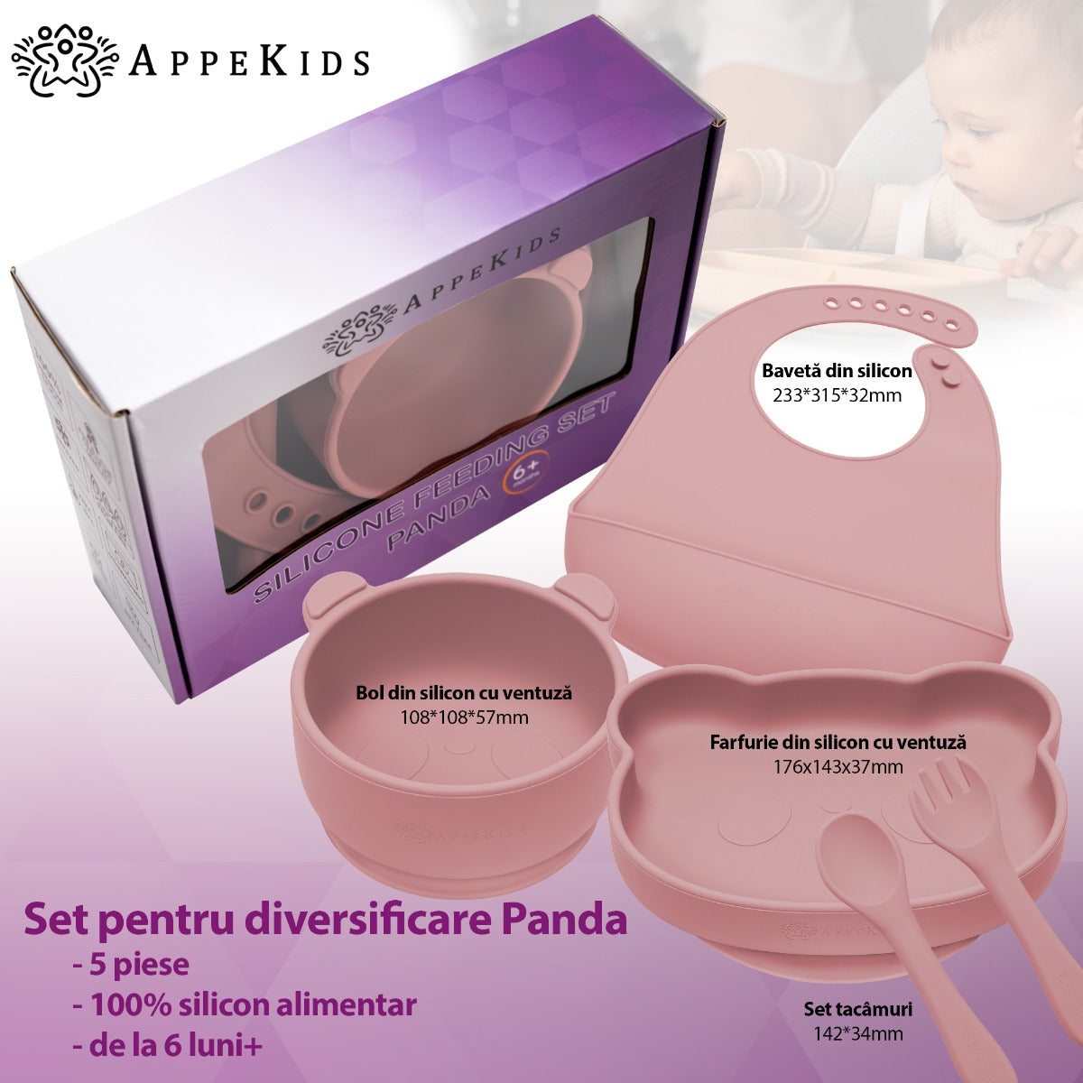 Set Diversificare, AppeKids, 100% Silicon, Panda - Old Rose - gogobaby.ro