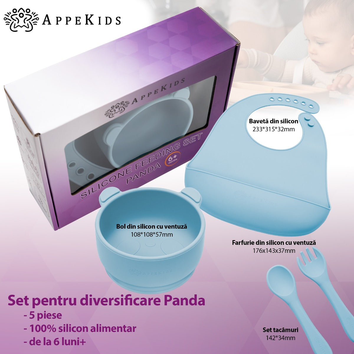 Set Diversificare, AppeKids, 100% Silicon, Panda - Aqua Blue - gogobaby.ro