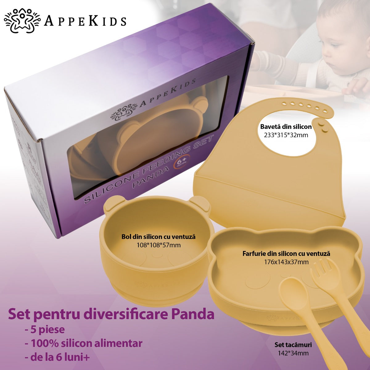 Set Diversificare, AppeKids, 100% Silicon, Panda - Honey - gogobaby.ro