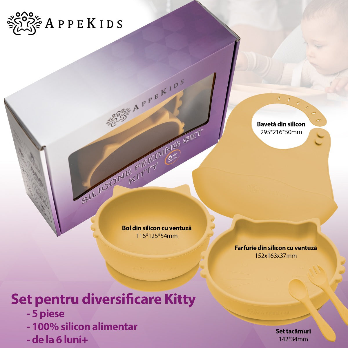 Set Diversificare, AppeKids, 100% Silicon, Kitty - Honey - gogobaby.ro