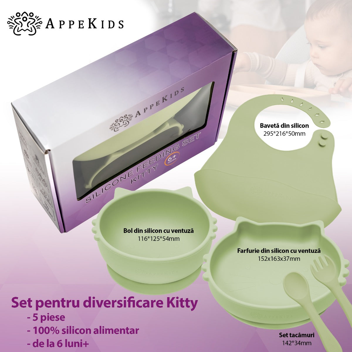 Set Diversificare, AppeKids, 100% Silicon, Kitty - Raw Green - gogobaby.ro