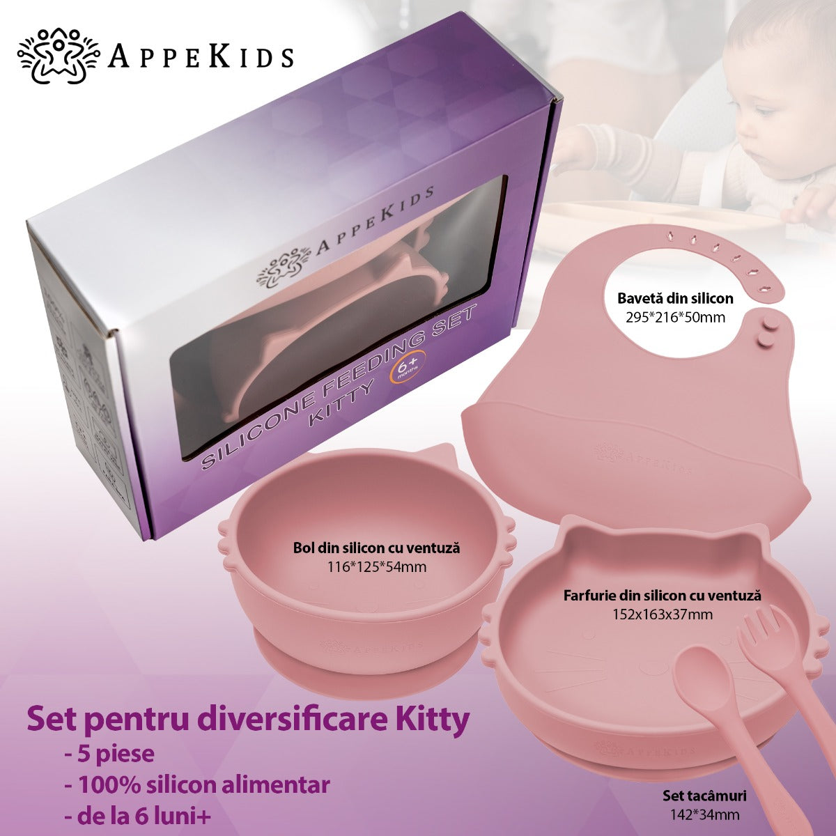 Set Diversificare, AppeKids, 100% Silicon, Kitty - Old Rose - gogobaby.ro