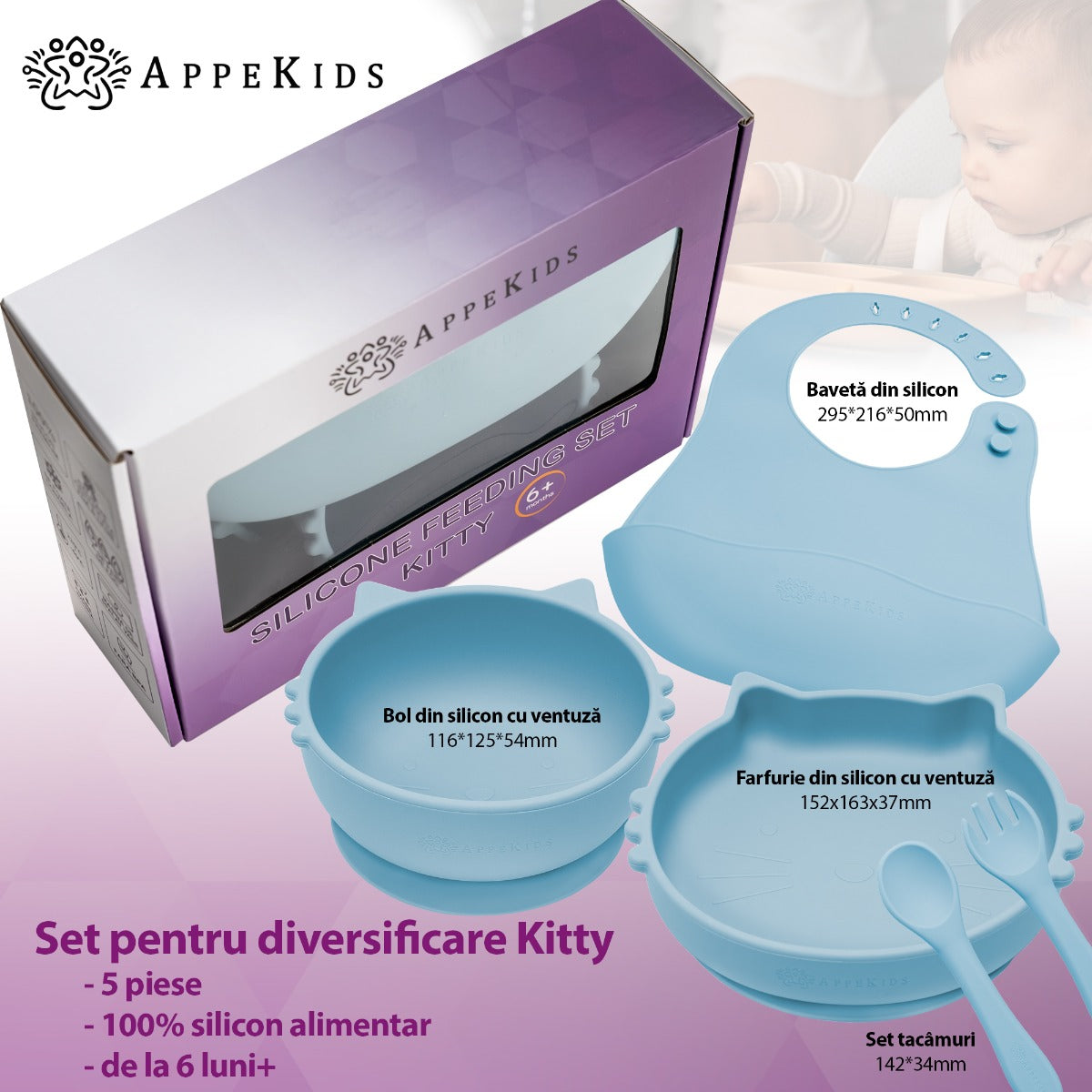 Set Diversificare, AppeKids, 100% Silicon, Kitty - Aqua Blue - gogobaby.ro