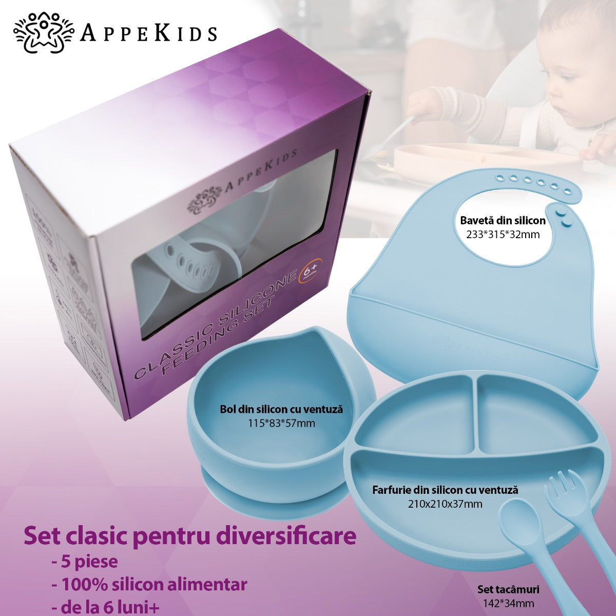 Set Diversificare, AppeKids, 100% Silicon, Classic - Aqua Blue - gogobaby.ro