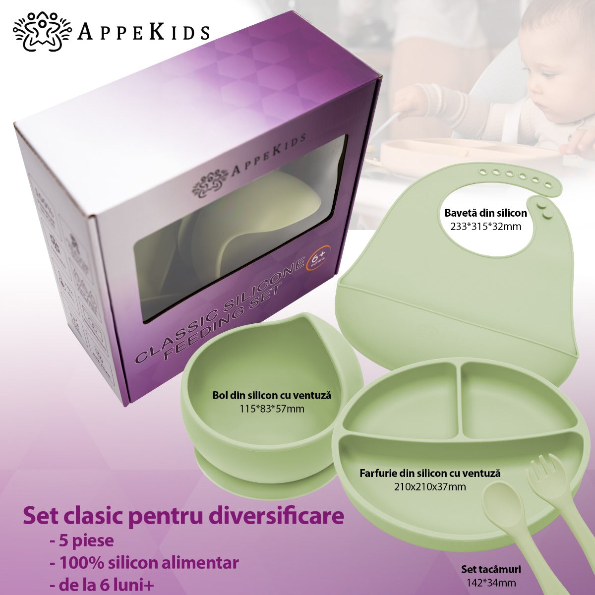 Set Diversificare, AppeKids, 100% Silicon, Classic - Raw Green - gogobaby.ro