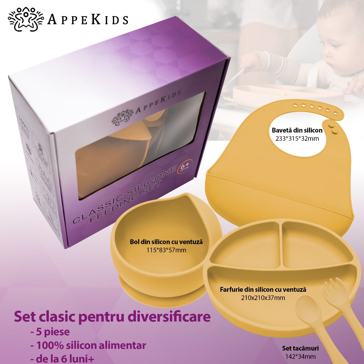 Set Diversificare, AppeKids, 100% Silicon, Classic - Honey - gogobaby.ro