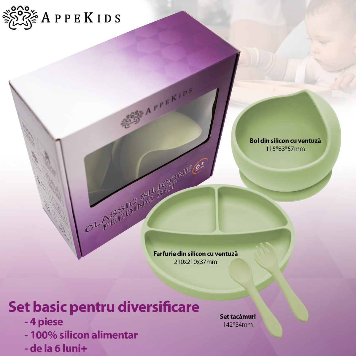 Set Diversificare, AppeKids, 100% Silicon, Basic - Raw Green - gogobaby.ro