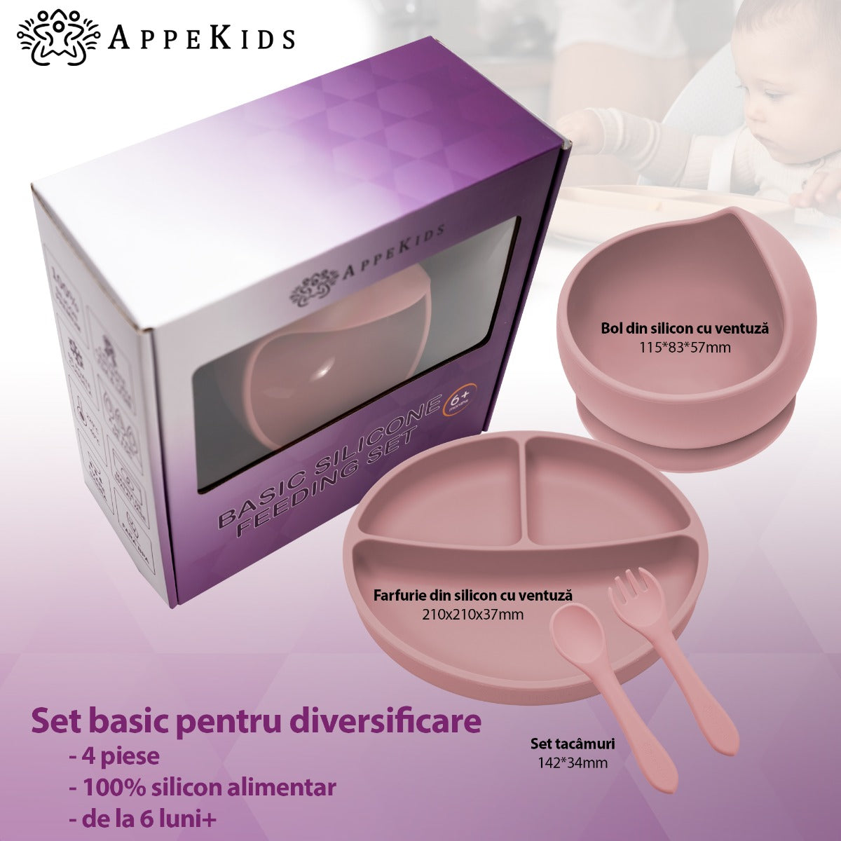 Set Diversificare, AppeKids, 100% Silicon, Basic - Old Rose - gogobaby.ro