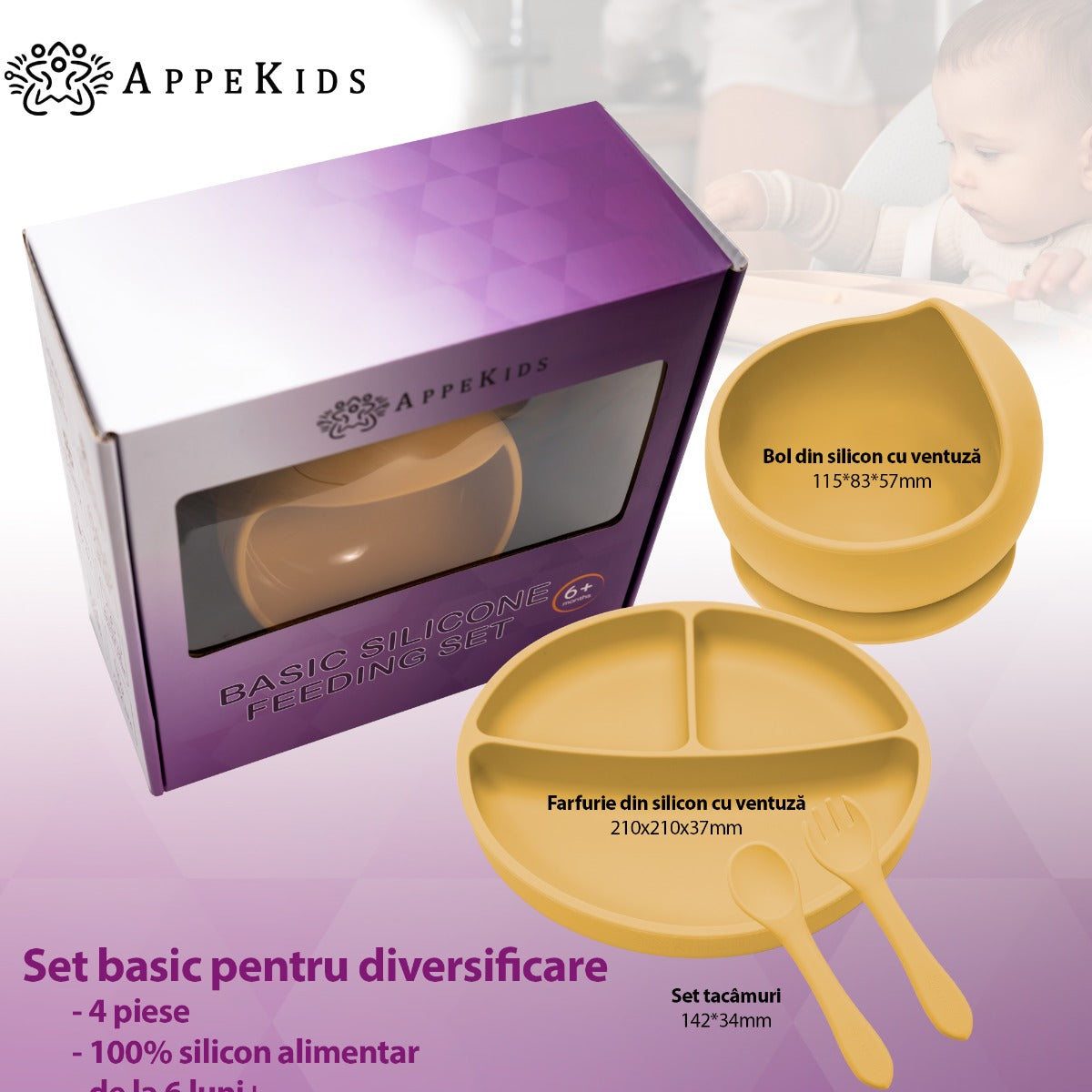Set Diversificare, AppeKids, 100% Silicon, Basic - Honey - gogobaby.ro
