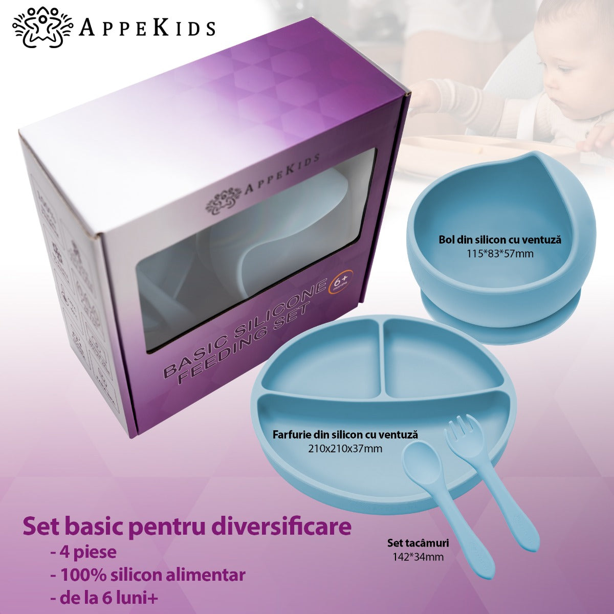 Set Diversificare, AppeKids, 100% Silicon, Basic - Aqua Blue - gogobaby.ro