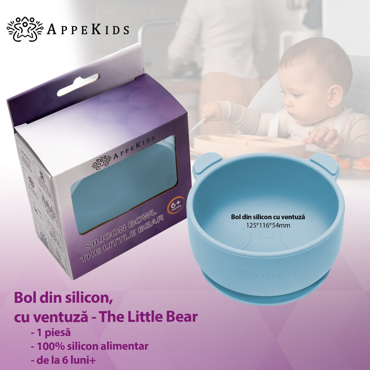 Bol din silicon cu ventuza, AppeKids, The Little Bear - Aqua Blue - gogobaby.ro