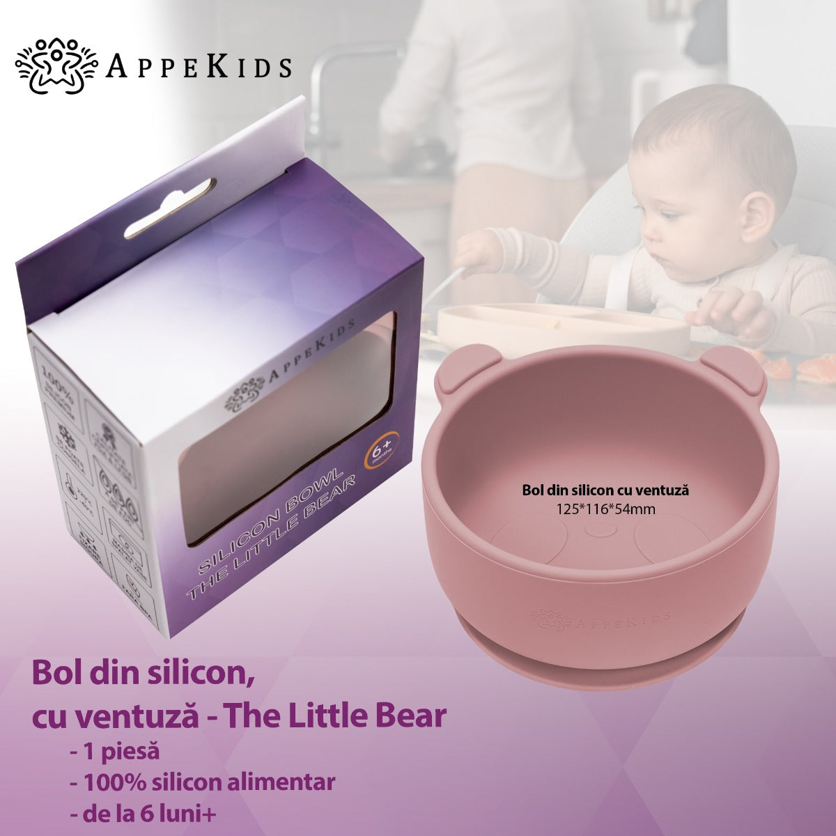 Bol din silicon cu ventuza, AppeKids, The Little Bear - Old Rose - gogobaby.ro