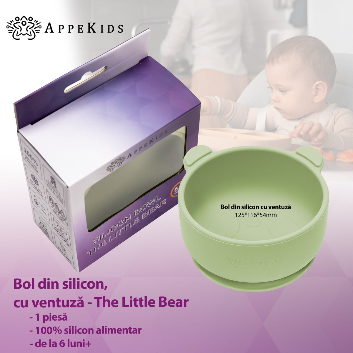 Bol din silicon cu ventuza, AppeKids, The Little Bear - Raw Green - gogobaby.ro