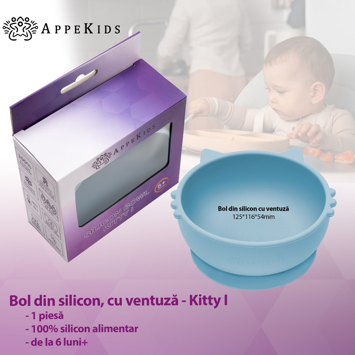 Bol din silicon, AppeKids, Kitty I - Aqua Blue - gogobaby.ro
