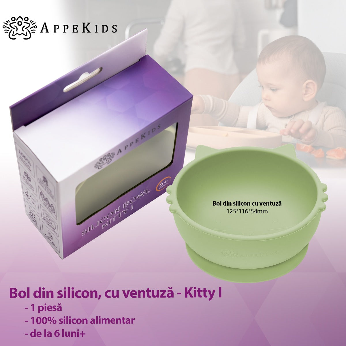Bol din silicon, AppeKids, Kitty I - Raw Green - gogobaby.ro